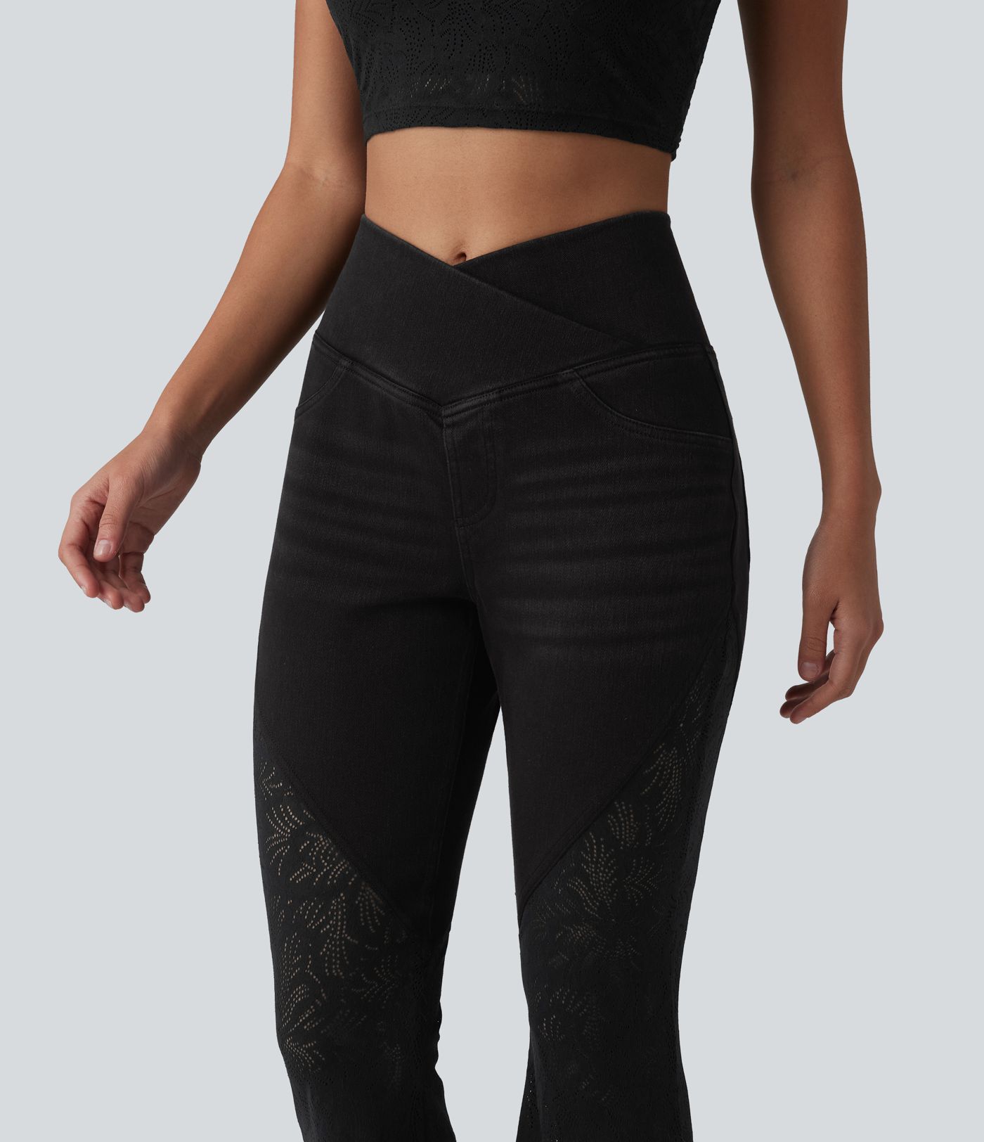 Halara Flex™ High Waisted Tummy Control Crossover Contrast Lace Flare Casual Jeans with Pockets