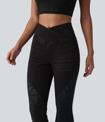 Halara Flex™ High Waisted Tummy Control Crossover Contrast Lace Flare Casual Jeans with Pockets