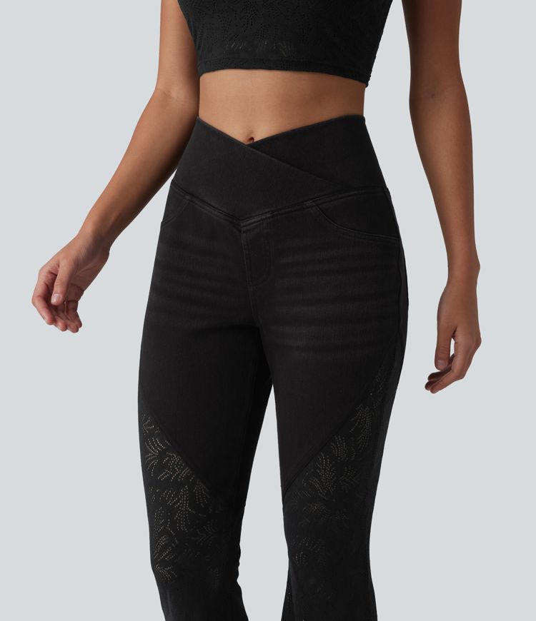 Halara Flex™ High Waisted Tummy Control Crossover Contrast Lace Flare Casual Jeans with Pockets
