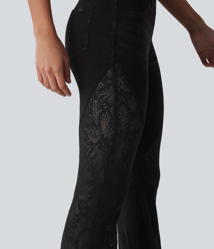 Halara Flex™ High Waisted Tummy Control Crossover Contrast Lace Flare Casual Jeans with Pockets