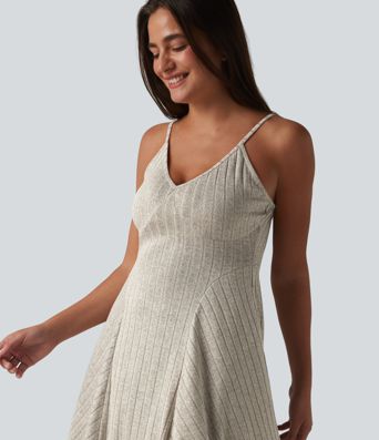 Ribbed Knit V-neck Flare Mini Casual Slip Dress with Pockets