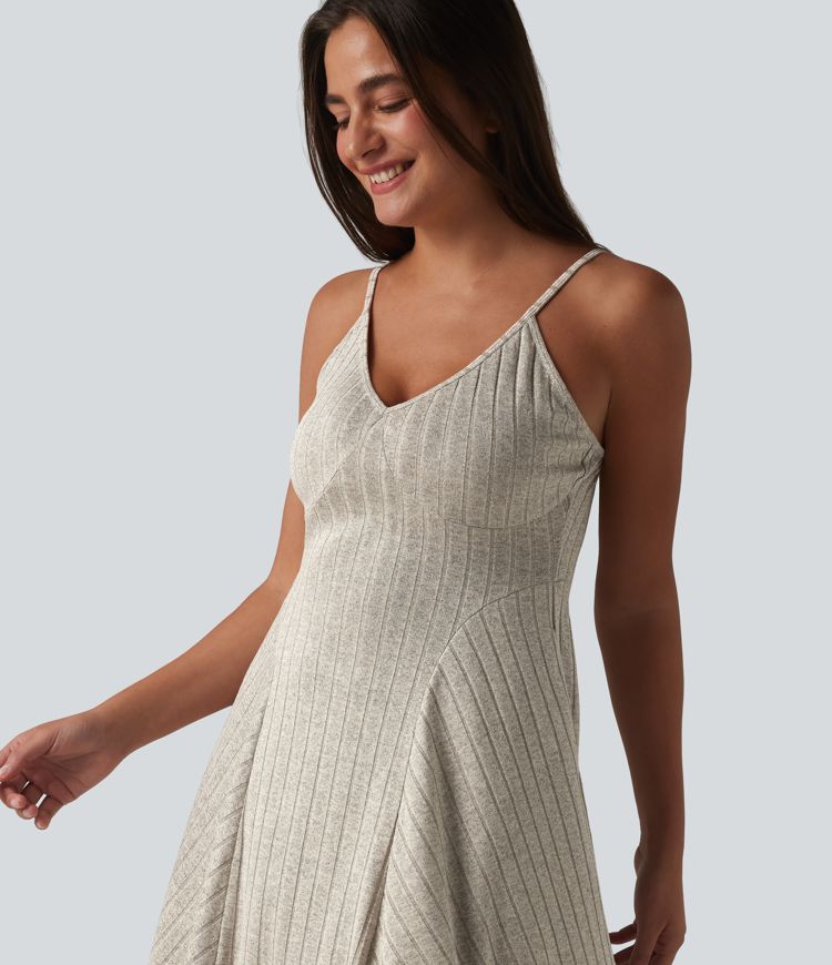 Ribbed Knit V-neck Flare Mini Casual Slip Dress with Pockets