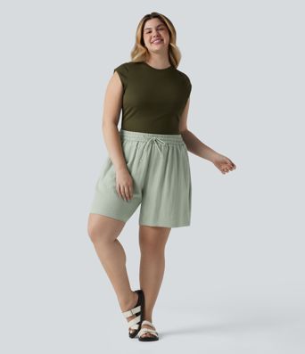 Casual linen-look shorts with a high waist, side pockets and drawstring - Plus-Size