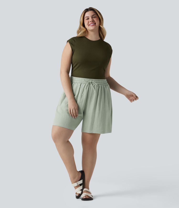 Casual linen-look shorts with a high waist, side pockets and drawstring - Plus-Size
