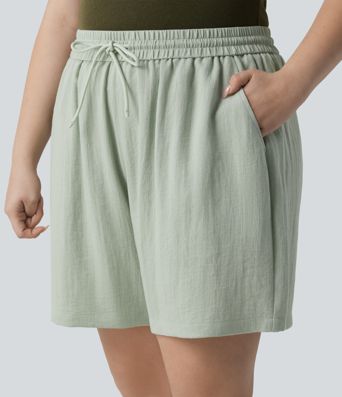 Casual linen-look shorts with a high waist, side pockets and drawstring - Plus-Size