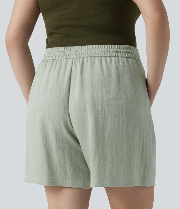Casual linen-look shorts with a high waist, side pockets and drawstring - Plus-Size