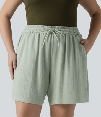 Casual linen-look shorts with a high waist, side pockets and drawstring - Plus-Size