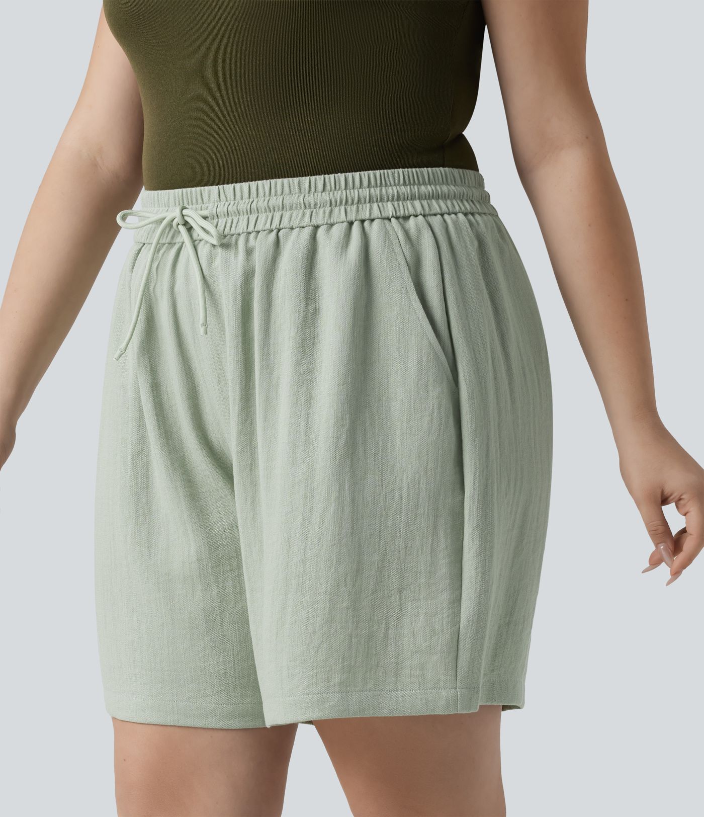 Casual linen-look shorts with a high waist, side pockets and drawstring - Plus-Size