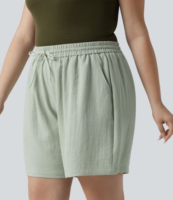 Casual linen-look shorts with a high waist, side pockets and drawstring - Plus-Size