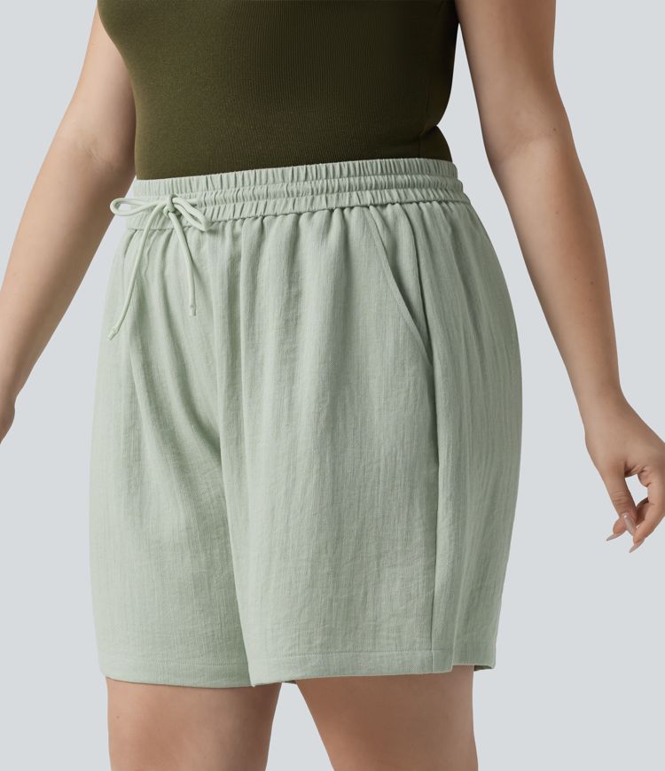 Casual linen-look shorts with a high waist, side pockets and drawstring - Plus-Size