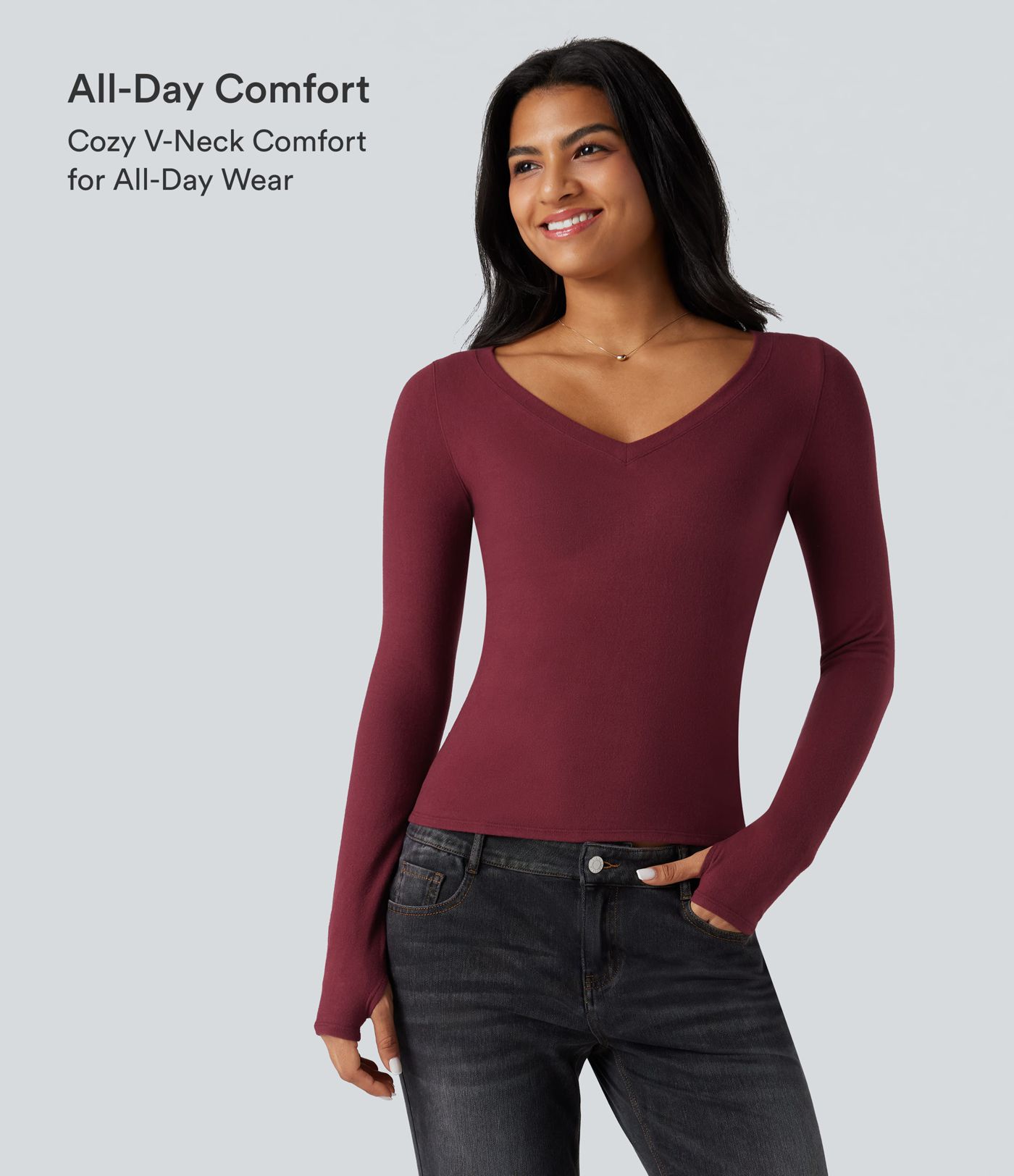 Halara HeatCore V Neck Long Sleeve Thumb Hole Casual Warming Top