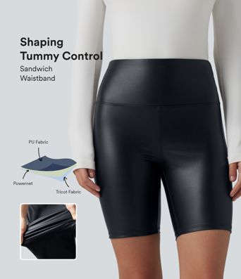 High Waisted Tummy Control Stretchy PU Casual Biker Shorts 7'' with Pockets
