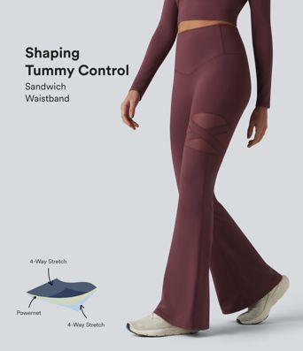 High Waisted Tummy Control Breathable Mesh Flare Casual Leggings with Pocket