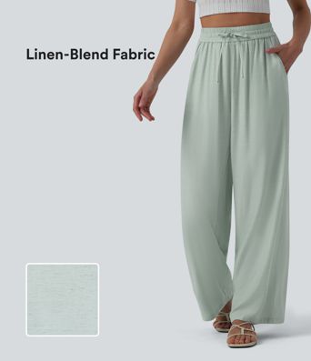 Pantalon casual large mélange lin taille haute avec cordon de serrage et poches