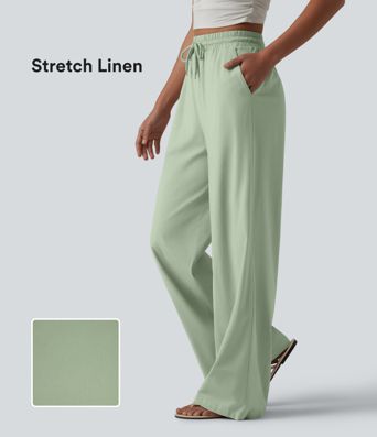 High Waisted Drawstring Wide Leg Casual Stretch Linen Trousers with Pockets