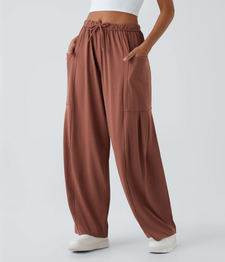 Palazzo Flowy trousers with wide leg, mid-height elasticated waistband, drawstring and side pockets