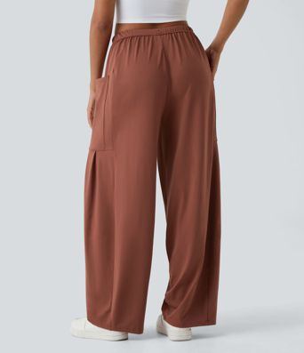 Palazzo Flowy trousers with wide leg, mid-height elasticated waistband, drawstring and side pockets