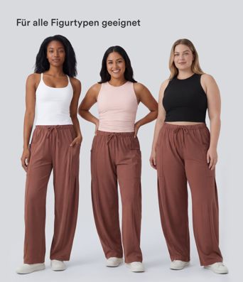 Palazzo Flowy trousers with wide leg, mid-height elasticated waistband, drawstring and side pockets