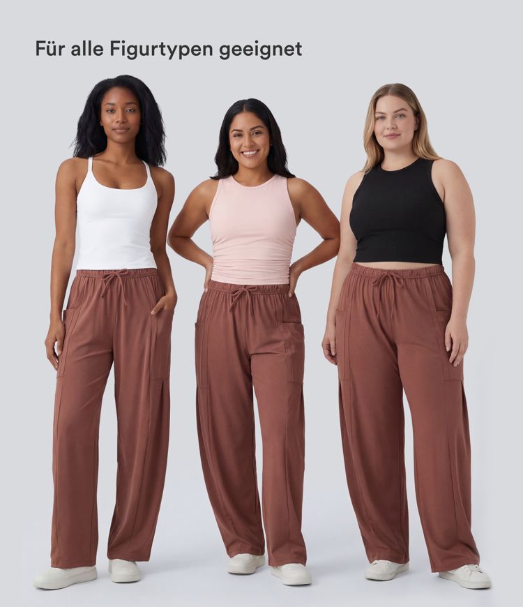 Palazzo Flowy trousers with wide leg, mid-height elasticated waistband, drawstring and side pockets