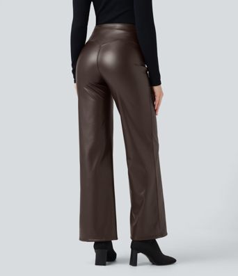 Casual fleece flared trousers made of stretchy faux leather with a high waist, side pockets and tummy control.