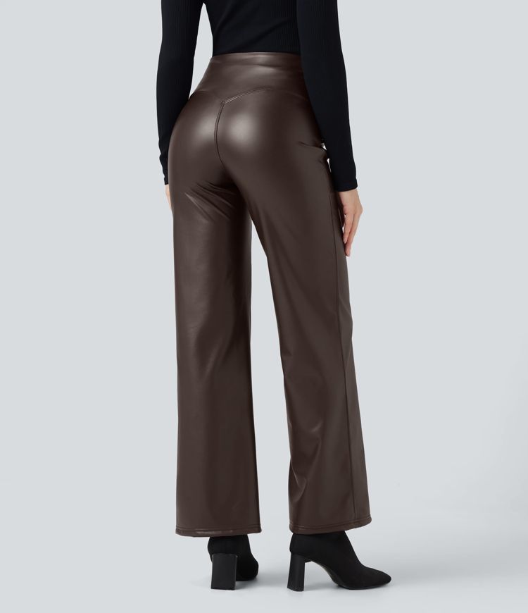 Casual fleece flared trousers made of stretchy faux leather with a high waist, side pockets and tummy control.