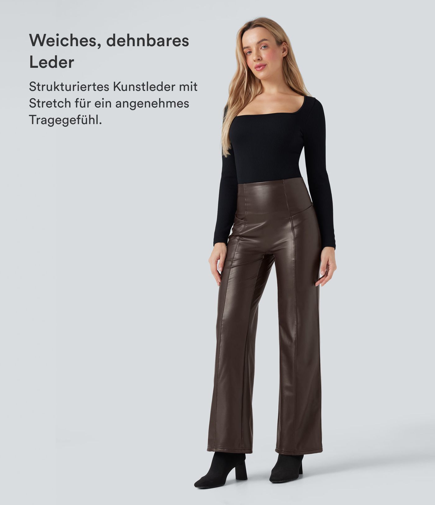 Casual fleece flared trousers made of stretchy faux leather with a high waist, side pockets and tummy control.