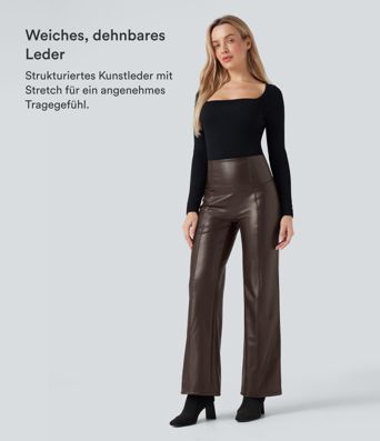 Casual fleece flared trousers made of stretchy faux leather with a high waist, side pockets and tummy control.