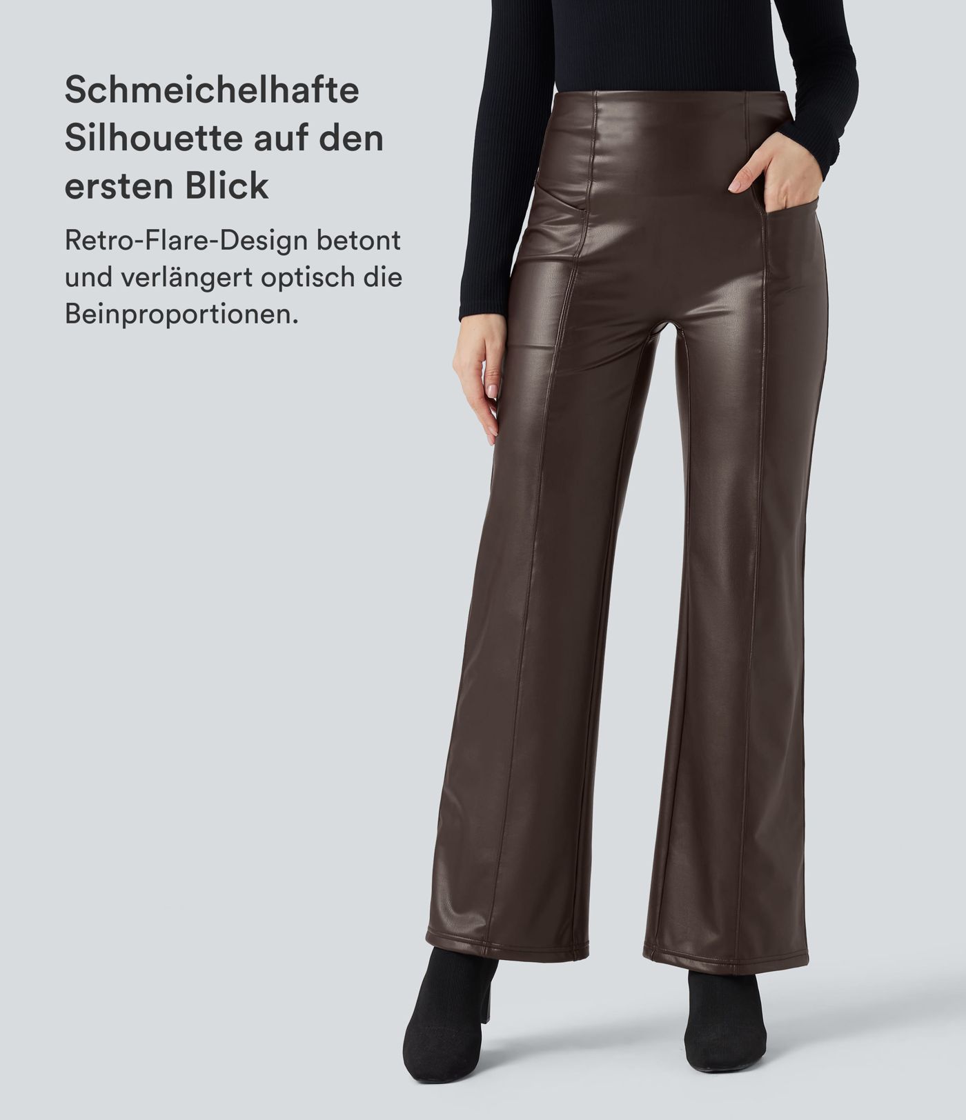 Casual fleece flared trousers made of stretchy faux leather with a high waist, side pockets and tummy control.
