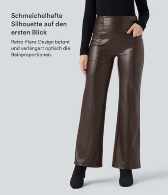Casual fleece flared trousers made of stretchy faux leather with a high waist, side pockets and tummy control.