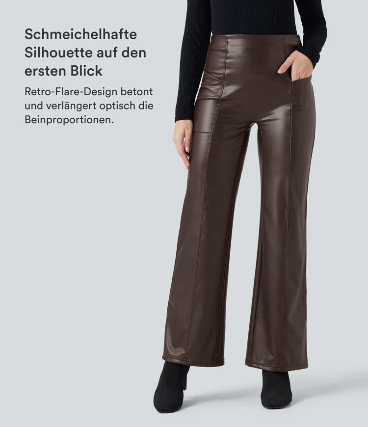 Casual fleece flared trousers made of stretchy faux leather with a high waist, side pockets and tummy control.