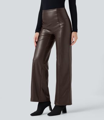 Casual fleece flared trousers made of stretchy faux leather with a high waist, side pockets and tummy control.