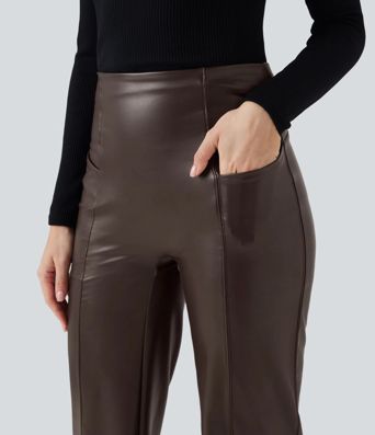 Casual fleece flared trousers made of stretchy faux leather with a high waist, side pockets and tummy control.