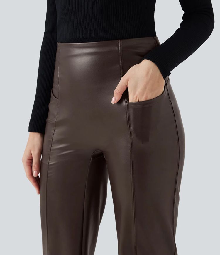 Casual fleece flared trousers made of stretchy faux leather with a high waist, side pockets and tummy control.
