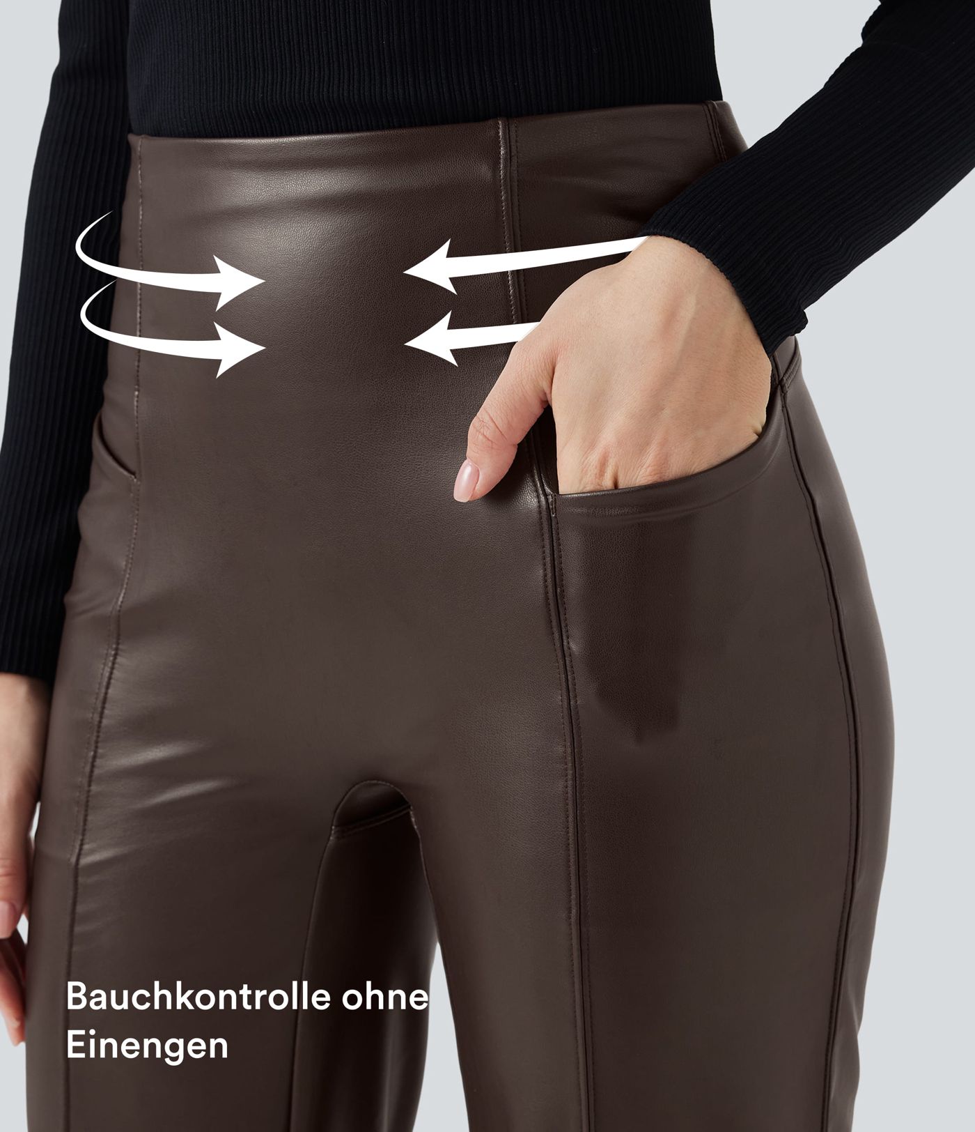 Casual fleece flared trousers made of stretchy faux leather with a high waist, side pockets and tummy control.