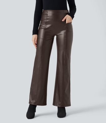 Casual fleece flared trousers made of stretchy faux leather with a high waist, side pockets and tummy control.