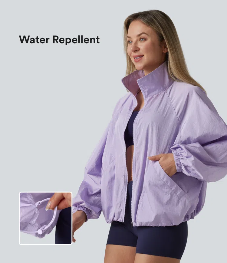 Durable Water Repellent Stand Collar Long Sleeve Zipper Workout Jacket with Pockets