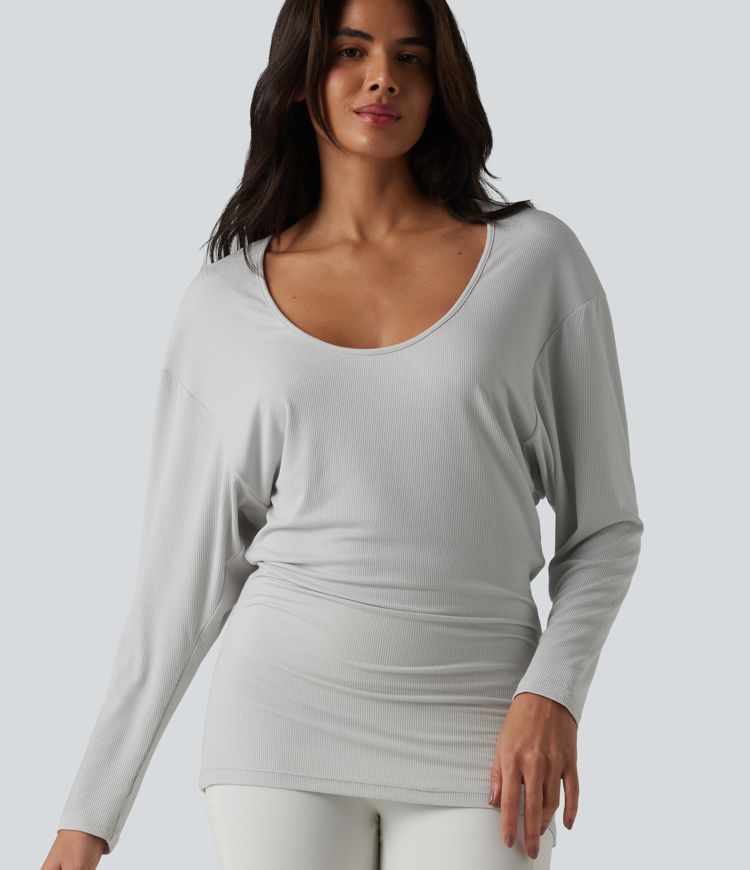 Light Mottled Grey U-neck Batwing Long Sleeve Ruched Yoga Top / 1