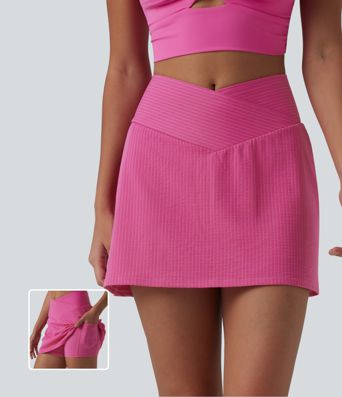 Crossover High Waisted 2-in-1 Mini A-line Stripes Quick Dry Tennis Skirt with Pockets-UPF40+