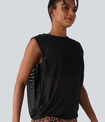 Débardeur de running en mesh transparent froncé col rond