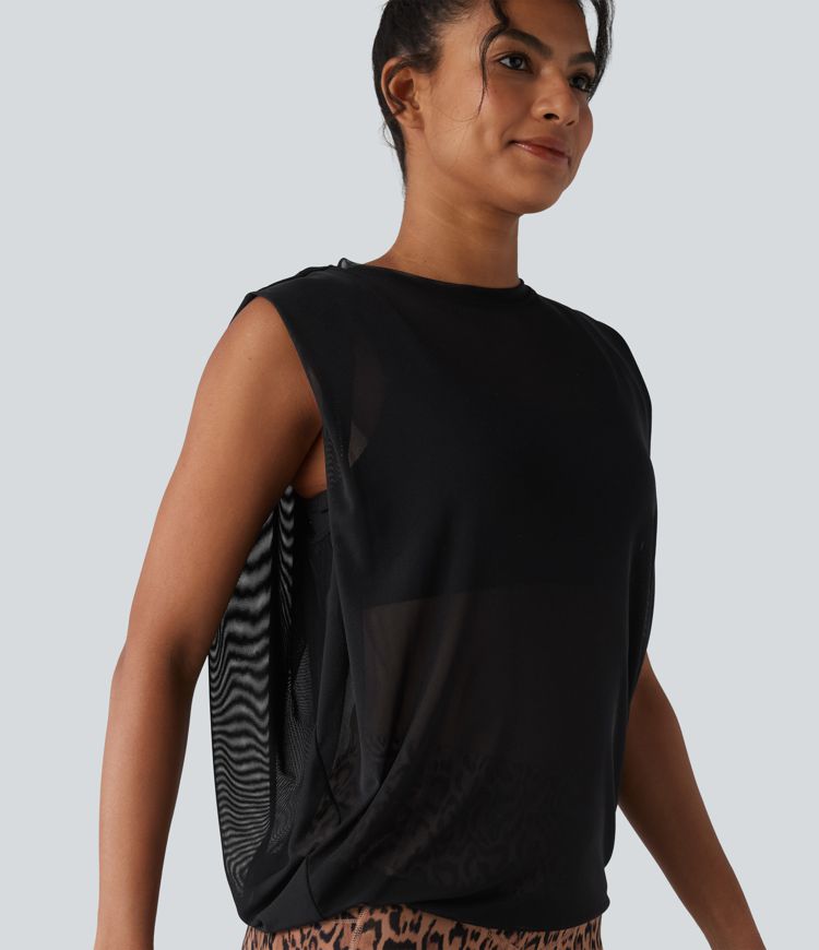 Débardeur de running en mesh transparent froncé col rond