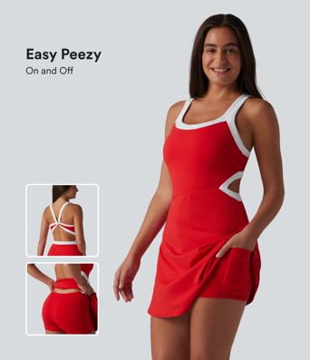 Softlyzero™ Airy Built-in Bra 2-in-1 Color Block Cool Touch Mini Tennis Active Dress with Pockets-Easy Peezy Edition
