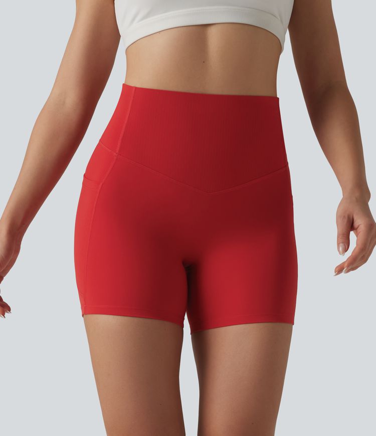 Halara UltraSculpt™ High Waisted Tummy Control Contrast Ribbed Yoga Biker Shorts 5'' with Pockets