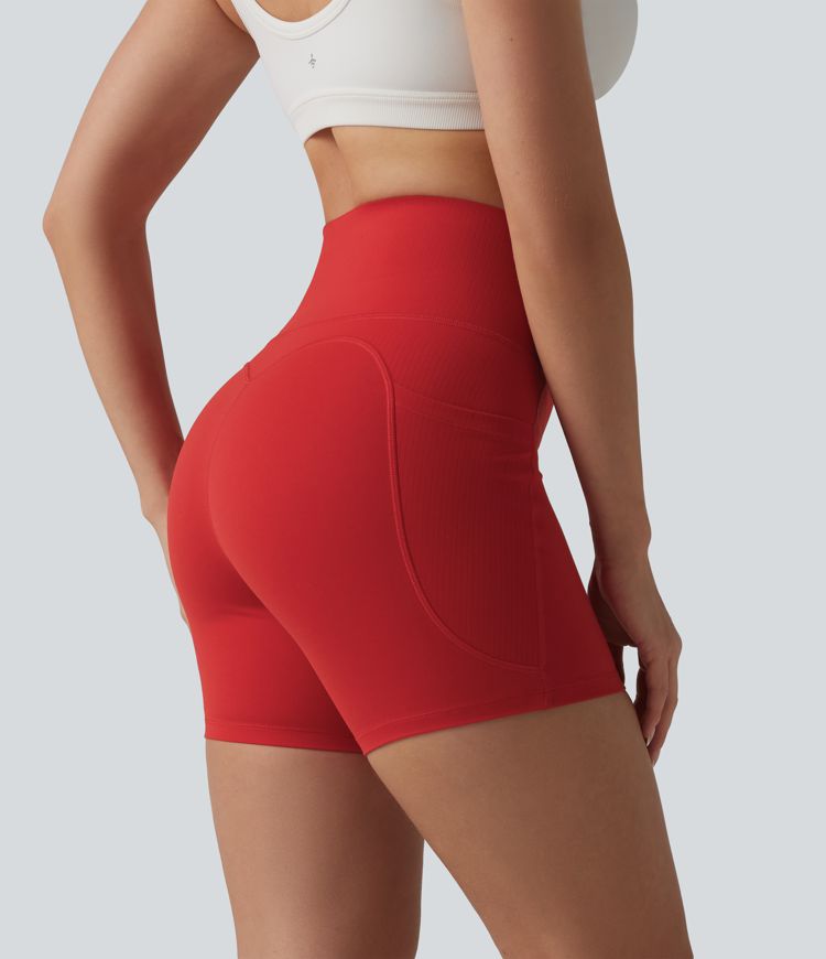 Halara UltraSculpt™ High Waisted Tummy Control Contrast Ribbed Yoga Biker Shorts 5'' with Pockets