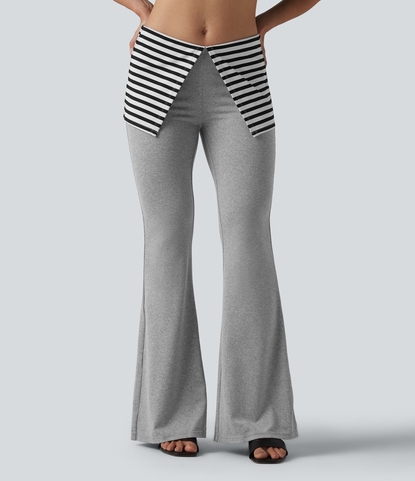 Foldover Low Rise Stripes Heathered Casual Flare Pants Foldover Low Rise Stripes Heathered Casual Flare Pants