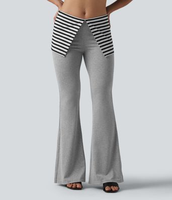 Foldover Low Rise Stripes Heathered Casual Flare Pants Foldover Low Rise Stripes Heathered Casual Flare Pants