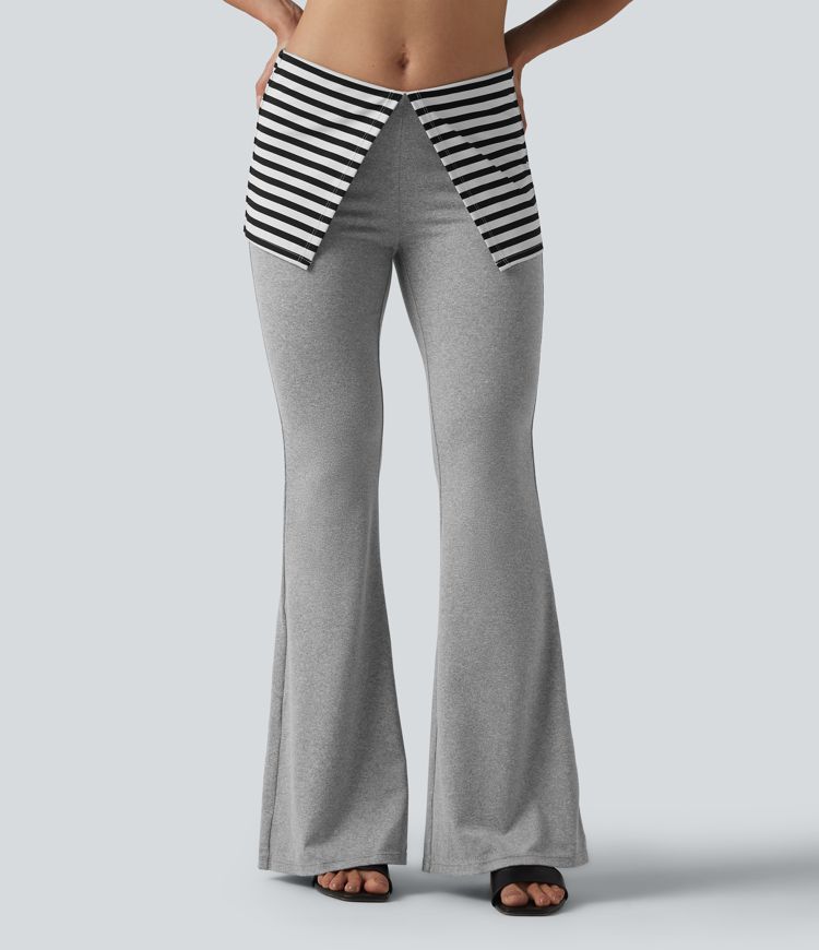 Foldover Low Rise Stripes Heathered Casual Flare Pants Foldover Low Rise Stripes Heathered Casual Flare Pants