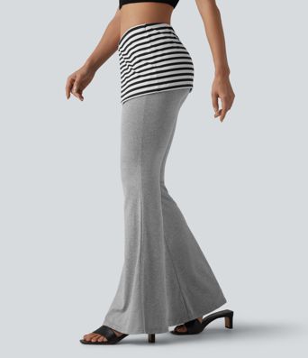 Foldover Low Rise Stripes Heathered Casual Flare Pants Foldover Low Rise Stripes Heathered Casual Flare Pants