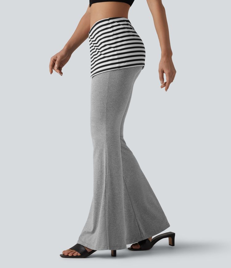 Foldover Low Rise Stripes Heathered Casual Flare Pants Foldover Low Rise Stripes Heathered Casual Flare Pants