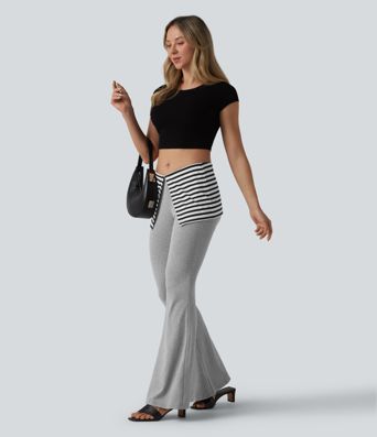 Foldover Low Rise Stripes Heathered Casual Flare Pants Foldover Low Rise Stripes Heathered Casual Flare Pants