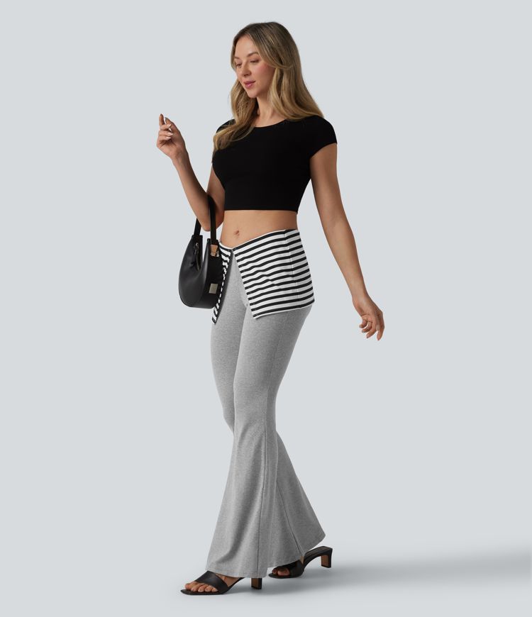 Foldover Low Rise Stripes Heathered Casual Flare Pants Foldover Low Rise Stripes Heathered Casual Flare Pants